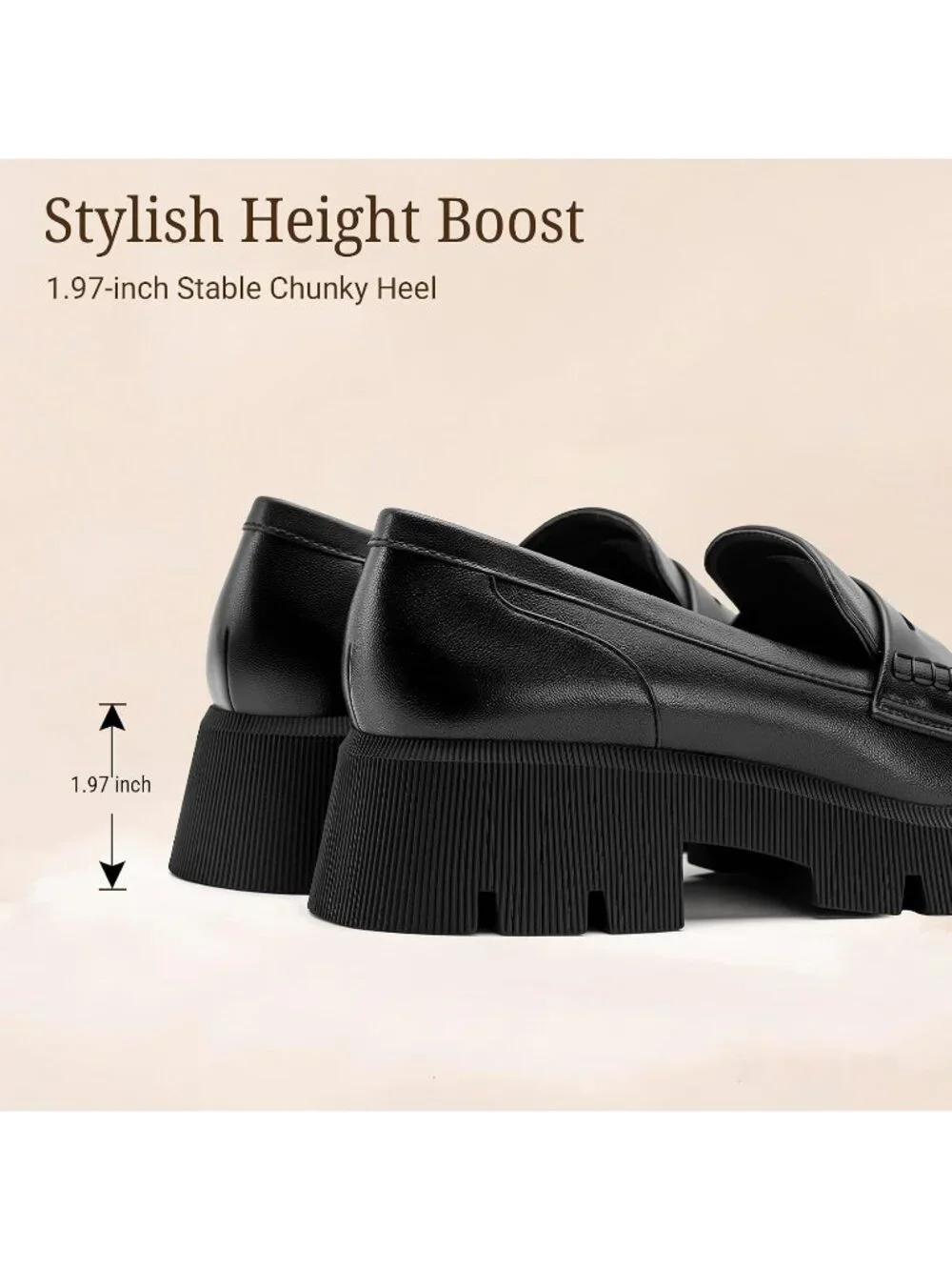 Women's Black Round Toe Heeled Chunky Lug Sole Slip On Casual Penny Loafer Shoes